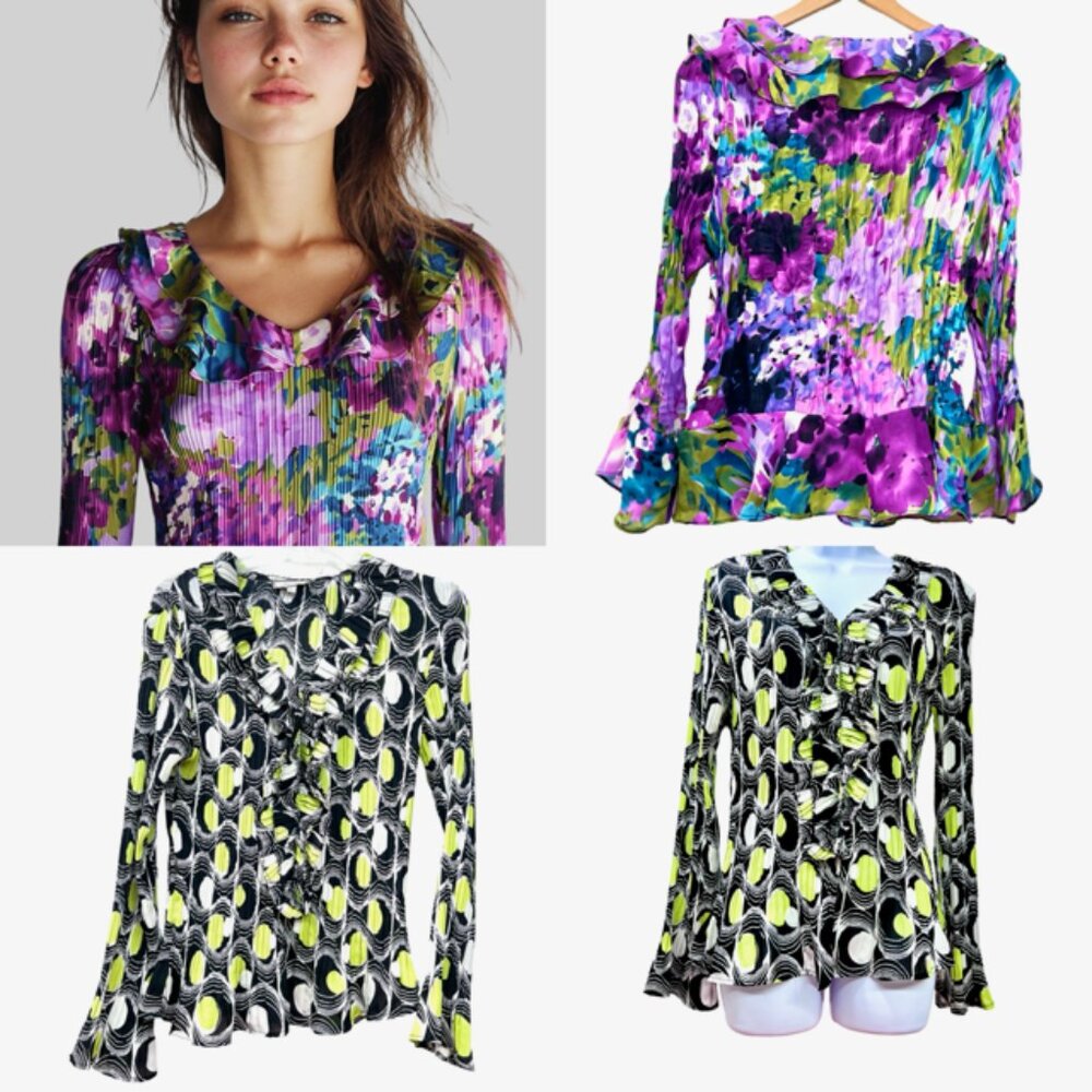 Allison Taylor & Laura Max Blouse L+XL Pleated Ruffle V-Neck Bell Sleeve(#53
